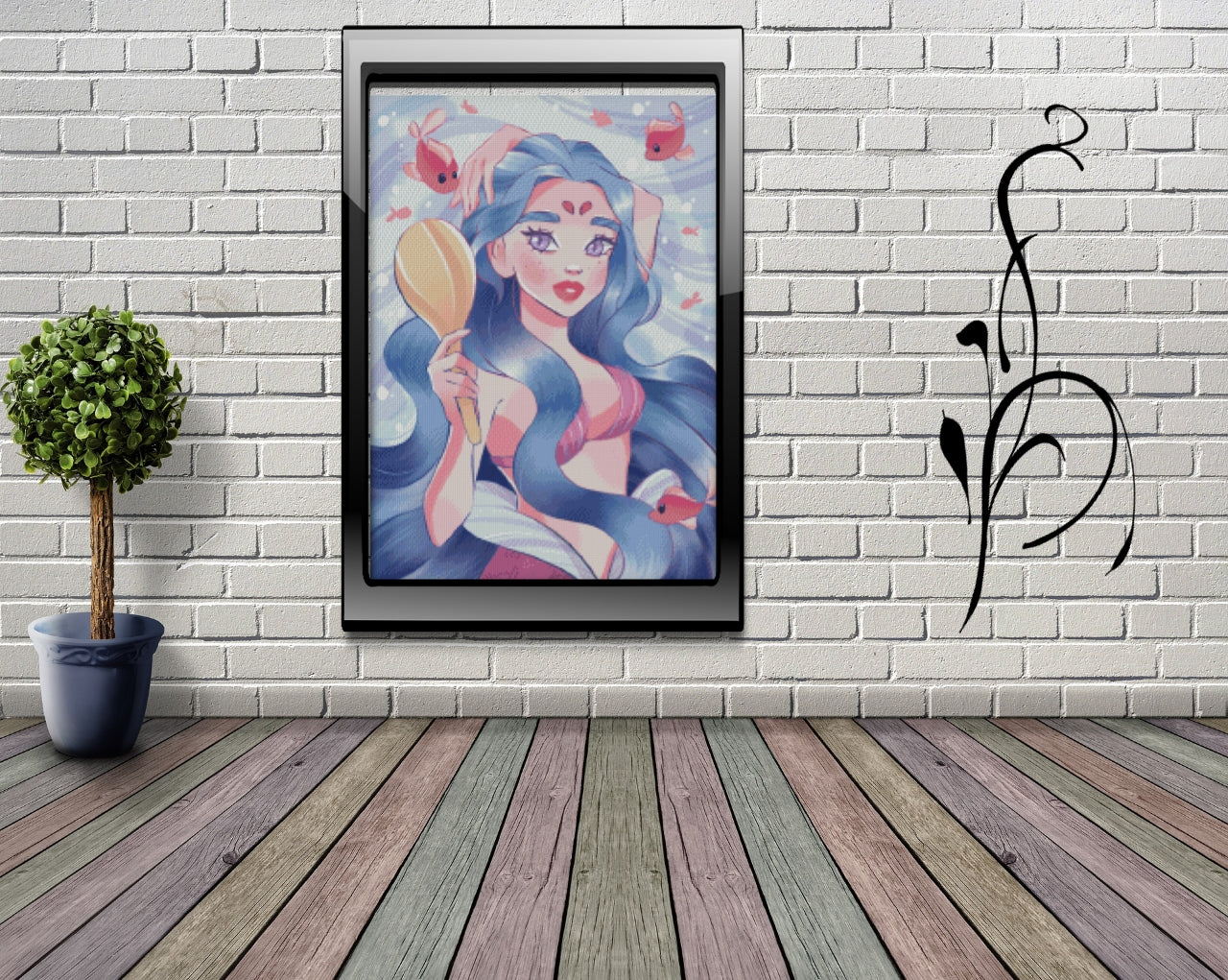 Diamond Painting Leinwand RUND ohne Steine - Katto´s Artwork "Meerjungfrau mit Spiegel"