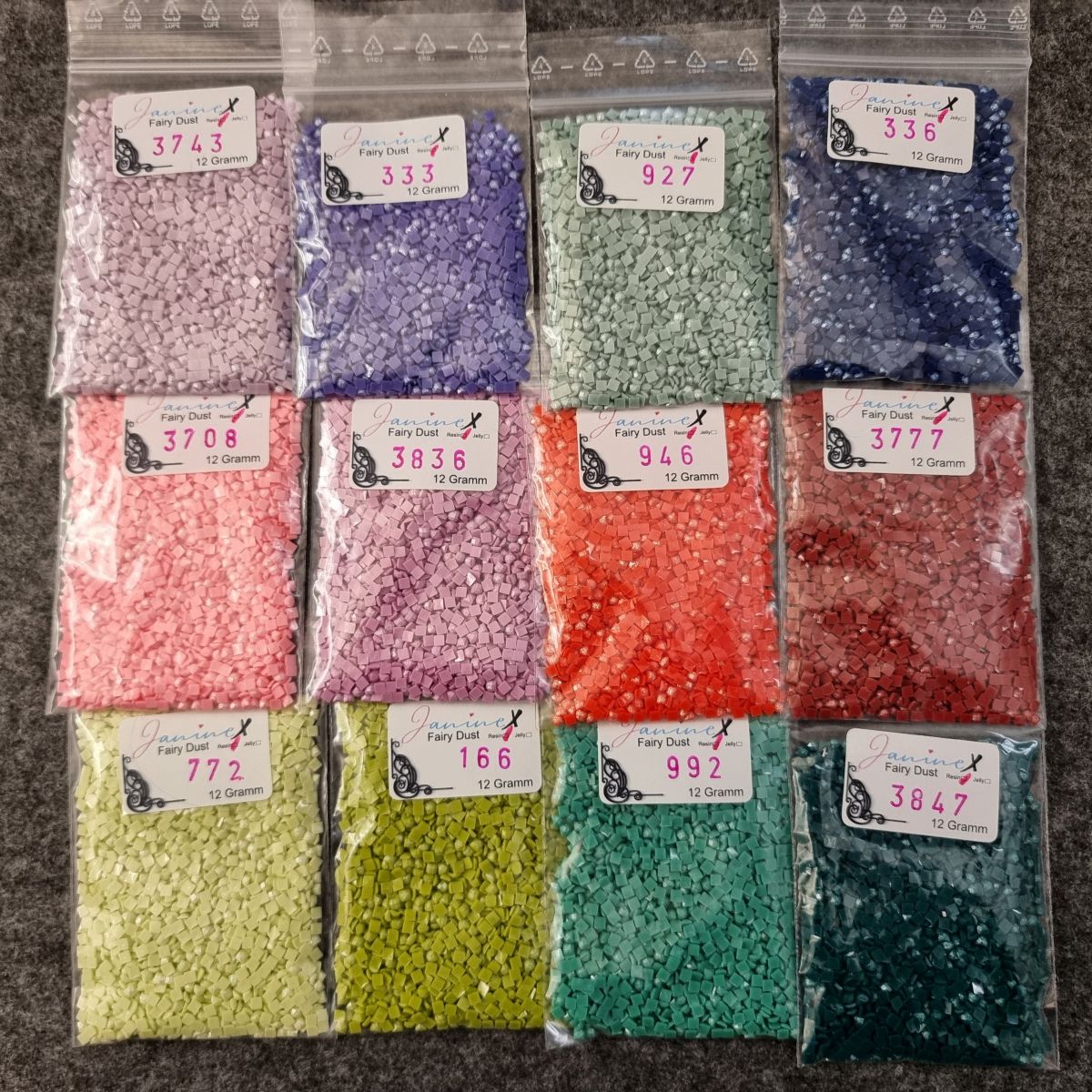 HARZ FairyDust (Schimmersteine) ECKIG - 12 Farben im SET zu je 12 Gramm