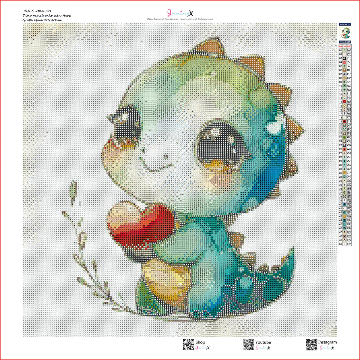 SOFORTKAUF Diamond Painting ECKIG JXA-086 - 40x40 mit 50 Farben - Dino verschenkt sein Herz