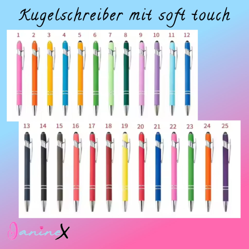 Kugelschreiber in verschiedenen Farben mit Logo JanineX - silberfarbene Elemente