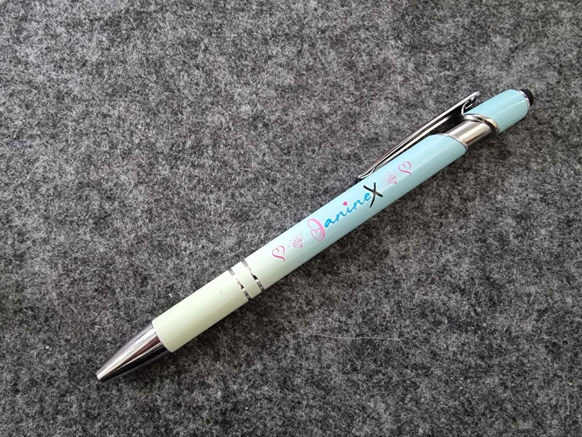 Kugelschreiber mit Verlaufsfarbe mit Logo JanineX - silberfarbene Elemente