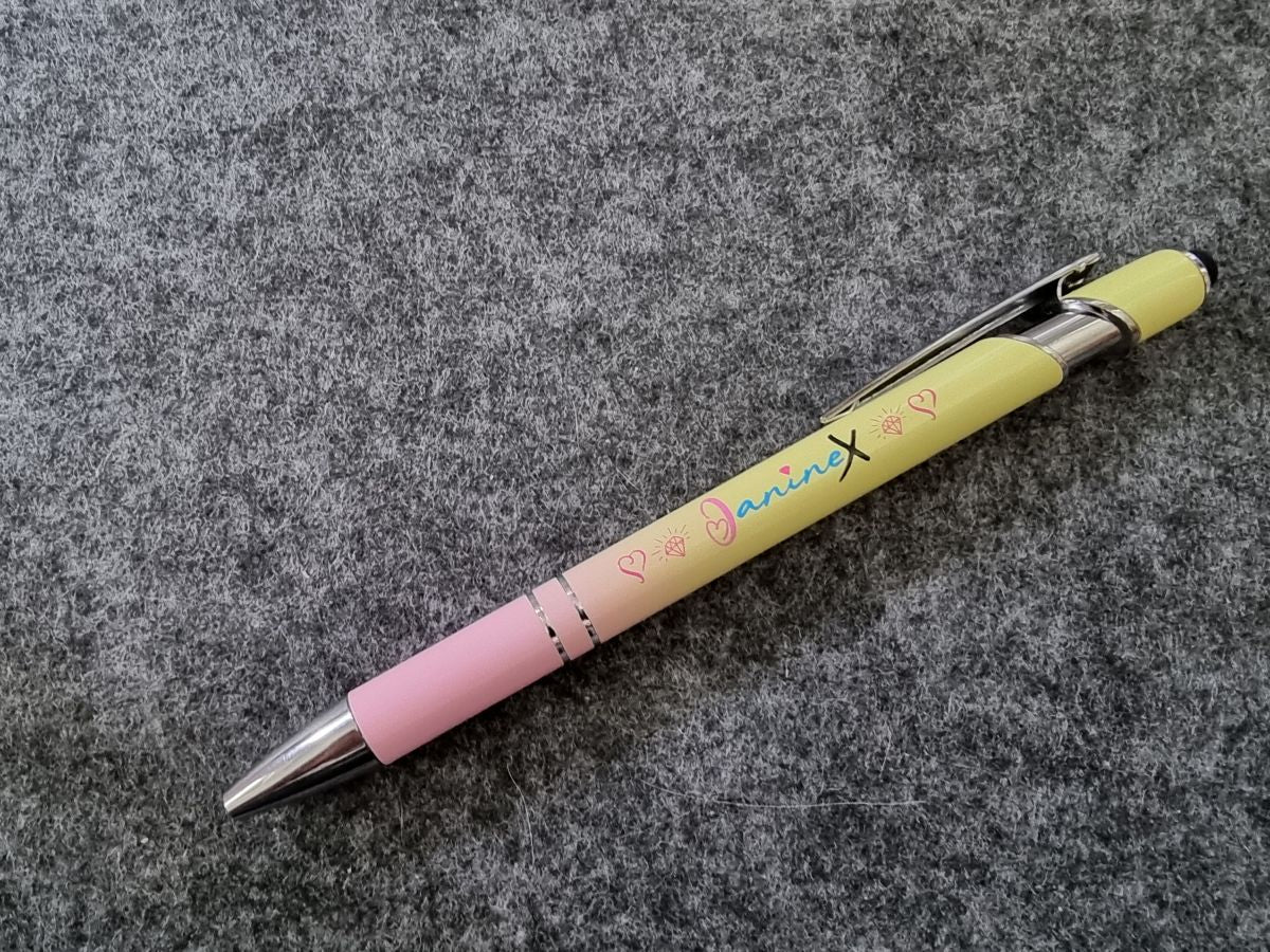 Kugelschreiber mit Verlaufsfarbe mit Logo JanineX - silberfarbene Elemente