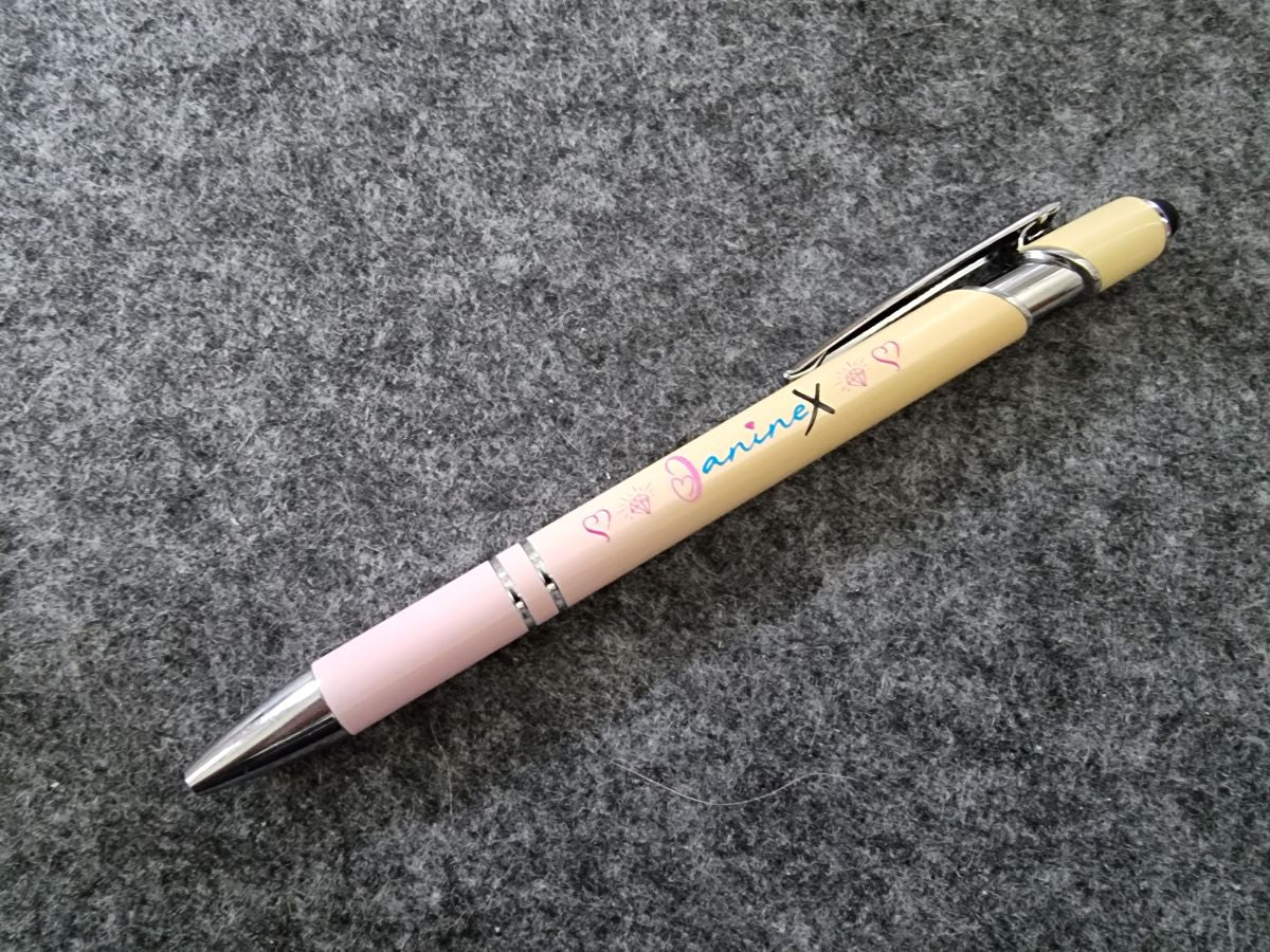 Kugelschreiber mit Verlaufsfarbe mit Logo JanineX - silberfarbene Elemente