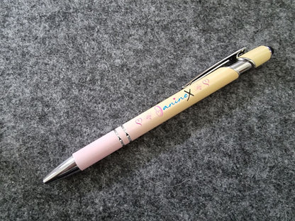 Kugelschreiber mit Verlaufsfarbe mit Logo JanineX - silberfarbene Elemente