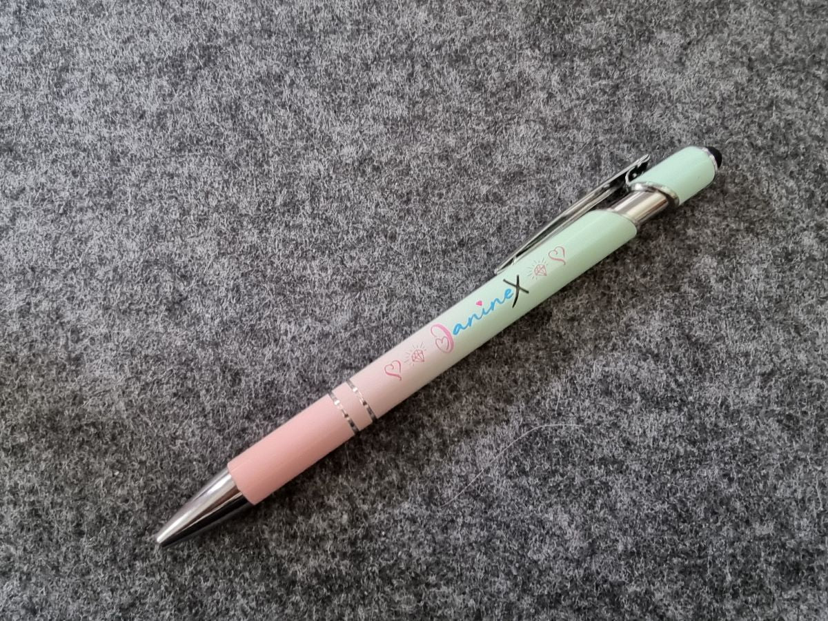 Kugelschreiber mit Verlaufsfarbe mit Logo JanineX - silberfarbene Elemente