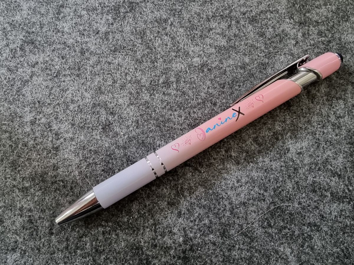 Kugelschreiber mit Verlaufsfarbe mit Logo JanineX - silberfarbene Elemente