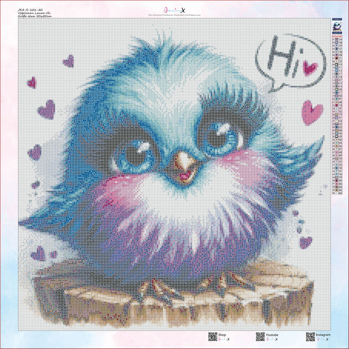 SOFORTKAUF Diamond Painting ECKIG JXA-101 - 50x50 mit 50 Farben - Vögelchen Laura Hi!