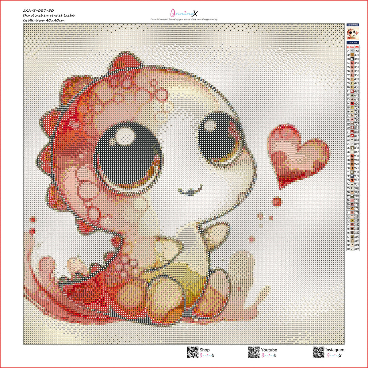 SOFORTKAUF Diamond Painting ECKIG JXA-087 - 40x40 mit 50 Farben - Dinolinchen sendet Liebe