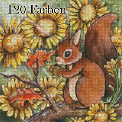 Diamond Painting Leinwand RUND ohne Steine 120 Farben - Harena`s Artwork "Sonnenblumeneichhörnchen"