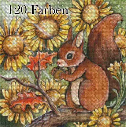 Diamond Painting Leinwand RUND ohne Steine 120 Farben - Harena`s Artwork "Sonnenblumeneichhörnchen"